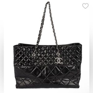 Chanel XL Black Quilted Patent Leather Tote w/ silver Hardware